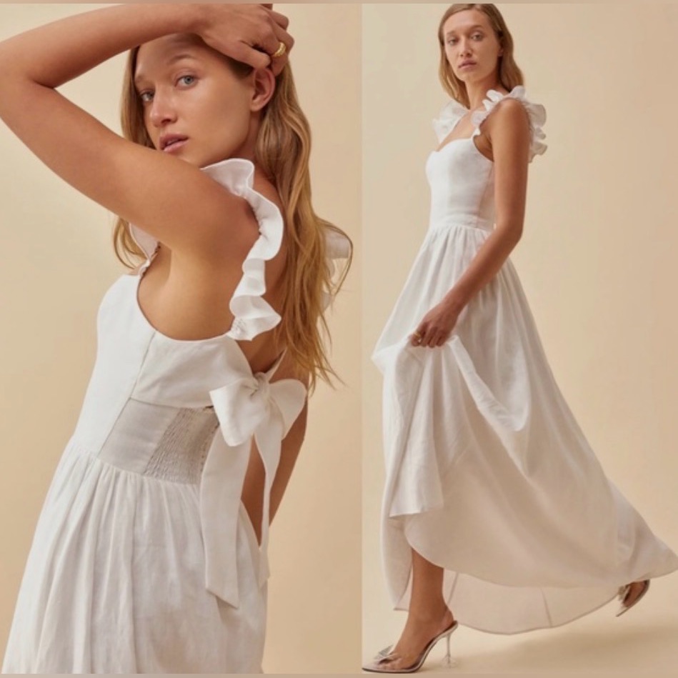 Reformation White Ruffle Strap Maxi Dress